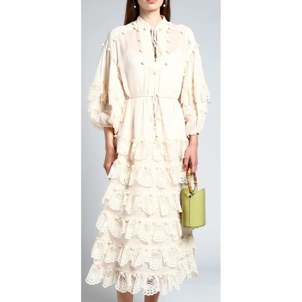 Zimmermann Cream Ruffled Tiered Sundress with Bishop Sleeves